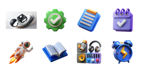 Colorful app with astronaut, book, and alarm clock isolated on a transparent background