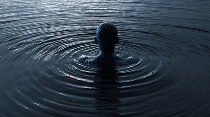 a head shape emerging from dark water, ripples forming soundwave patterns, symbolizing emotional resonance, 
