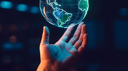 Hand reaching for luminous holographic earth projection – Suitable for world communication, digital networking, or environmental technology content.