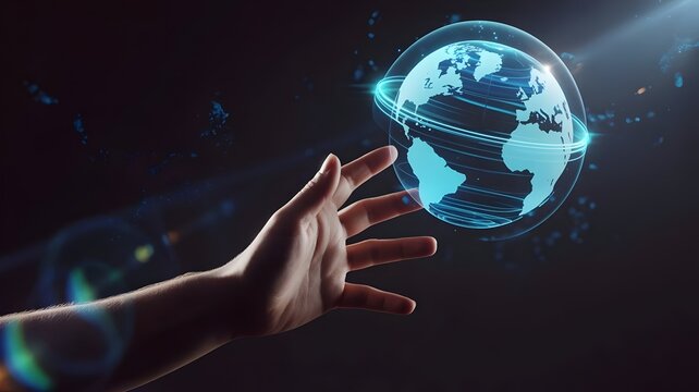Hand reaching toward floating holographic globe in darkness – Ideal for global connectivity, future technology, or virtual reality themes. - Powered by Adobe