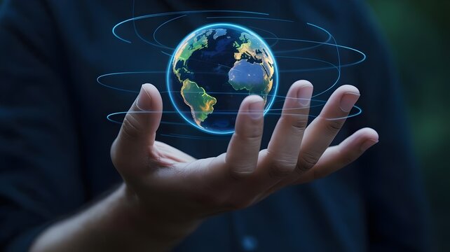 Hand reaching toward glowing digital Earth hologram – Great for global business, data transfer, or futuristic interface design. - Powered by Adobe