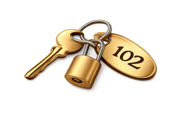 Gold Key, Padlock and Tag on transparent background with Number 102