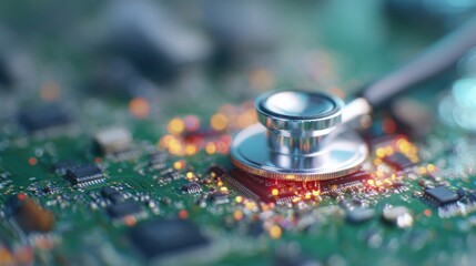 Circuit board with a stethoscope showing technology and health connection