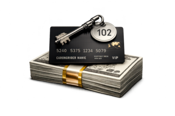 Credit card and money with a transparent background and a key on top.