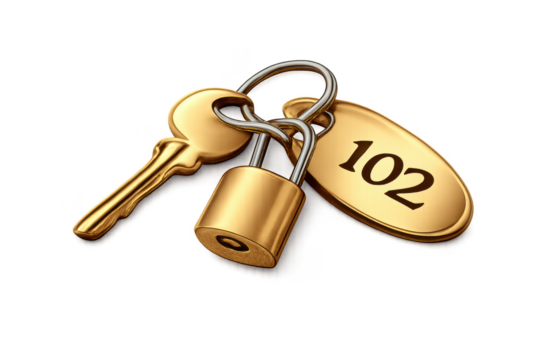Gold Key, Padlock and Tag on transparent background with Number 102 - Powered by Adobe