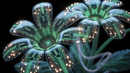 Flower with petals of glowing circuit boards and electronic pathways – Ideal for cybernetic concepts, digital evolution, or futuristic design.