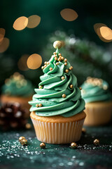 Festive green frosted cupcake with golden decorations on a Christmas-themed background