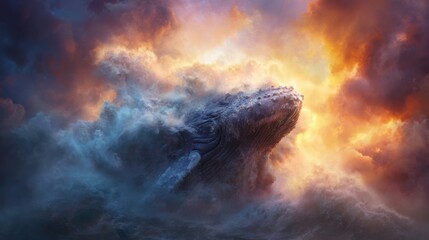 Fototapeta premium Whale swimming through stormy clouds at sunset over the ocean