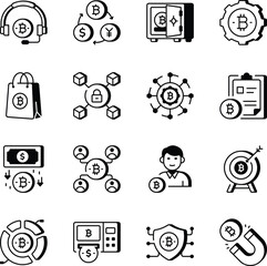 Set of Blockchain and Bitcoin Outline Style Icons