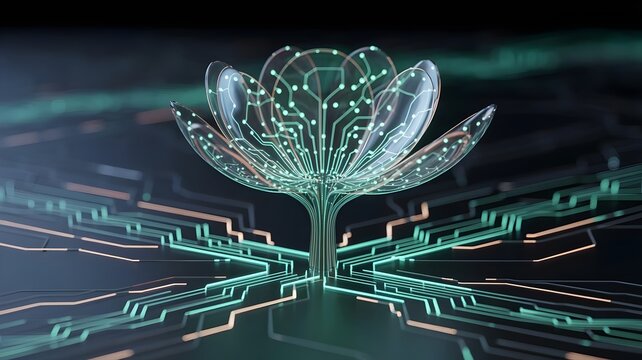 Ethereal flower with translucent petals of glowing circuits – Great for biotech, synthetic biology, or technological nature concepts. - Powered by Adobe