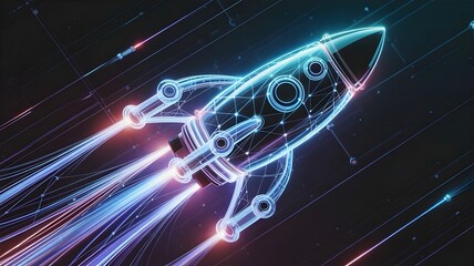Rocket ship constructed from glowing network connections and data nodes – Great for space technology, cyber launch, or digital innovation.