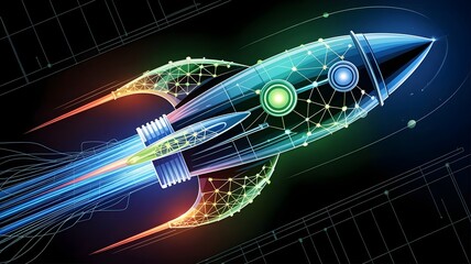 Sleek rocket constructed from glowing network connections and data nodes – Perfect for technological advancement, speed, or digital travel.
