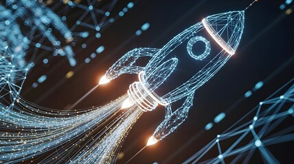 Rocket ship built from glowing network connections and data nodes – Suitable for future transportation, global networking, or information flow.
