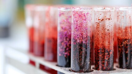Test tubes with colored liquids and particles are lined up in the lab