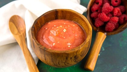 Smooth, pink puree in wooden bowl