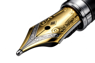 Detailed gold fountain pen on transparent background close up image.