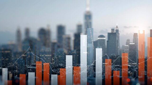 A city skyline with tall buildings and a few orange and white bars. The bars are showing a graph of some sort