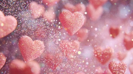 Pink hearts floating in a colorful background with sparkles and lights