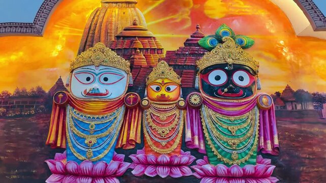 idols of Jagannath, Balabhadra, and Subhadra displayed in traditional temple style, representing devotion, unity, and sacred ritual of Rath Yatra.