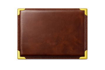 Brown leather frame with gold corners, transparent background artwork