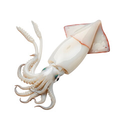 Fresh squid isolated on a clean surface, showcasing its unique features. The tentacles are fully extended, revealing details of the creature's form