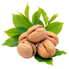 Pile of walnuts with leaves, ready to be enjoyed