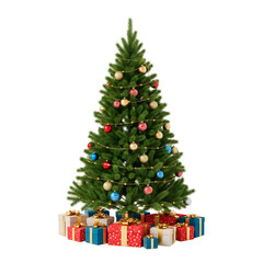 A beautifully decorated Christmas tree, surrounded by wrapped presents, signifying the holiday spirit and festive cheer. The tree is adorned with ornaments and lights, creating a warm.