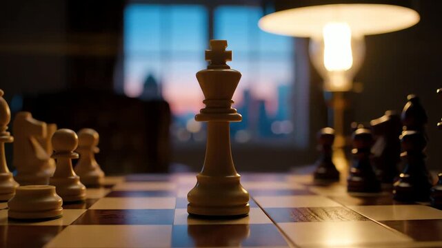 A cinematic slow zoom on a white king chess piece symbolizing strategy and leadership with a city skyline at dusk.