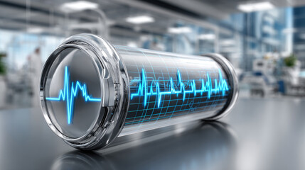 Digital health monitor displaying a blue electrocardiogram waveform with vital signs and medical data, symbolizing health monitoring, diagnostic technology, and critical care in a hospital setting
