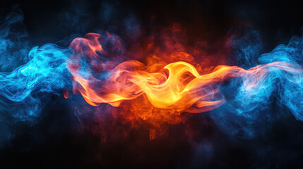 Blue smoke and orange flame patterns elegantly merge, depicting the powerful interaction of hot and cold, light and shadow, representing concept of dichotomy and equilibrium in motion