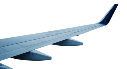 Close up of a commercial airplane wing with a dark blue wingtip against a transparent background showing structural elements