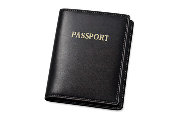 Naklejka premium Black Passport Holder with transparent background, Leather, and Gold Text