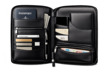 Black Travel Wallet with a transparent background and many compartments.