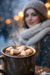 Steaming Mug Of Hot Chocolate With Marshmallows In Snowy Winter Evening