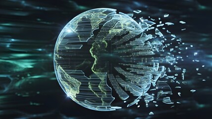 Translucent Earth globe fracturing into data particles