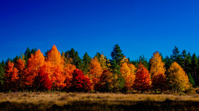 A vibrant autumn scene featuring a forest of trees with leaves in shades of orange red and yellow set against a clear blue sky - Powered by Adobe