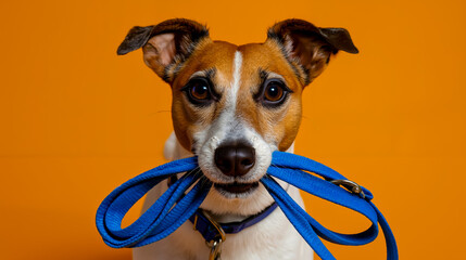 A brown and white dog with a blue leash in its mouth
