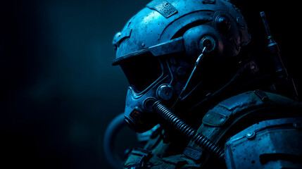 A close-up of a person wearing a futuristic helmet with a visor and a respirator