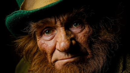 A close-up of a man with a long beard and a green hat