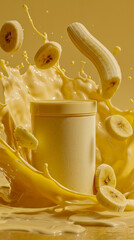 A banana is being squeezed into a jar of yellow liquid creating a splash of banana juice