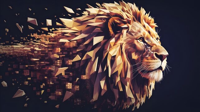 Majestic lion head composed of fragmented digital polygons and golden shards – Suitable for cyberpunk themes, data dissolution concepts, or abstract animal art. - Powered by Adobe
