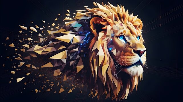 Lion head made of fragmented digital pieces with glowing electric blue eyes &ndash; Perfect for technology brand identity, cyberpunk design, or abstract strength concepts.