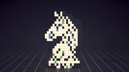 Retro 8-bit style chess knight formed by colorful pixel blocks – Ideal for gaming, digital strategy, or nostalgic computer themes.