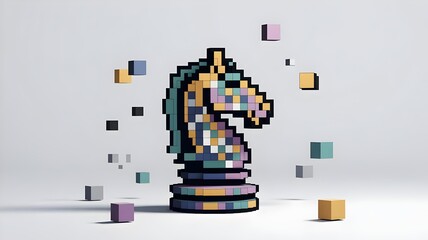 3D pixel block chess knight with floating geometric fragments – Suitable for digital art, strategic planning, or modern game theory concepts.