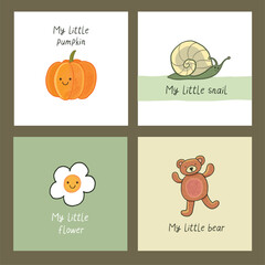 Simple cute baby print vector hand drawn illustration with smiling pumpkin, flower, bear, snail.