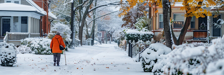 Elderly person walking with cane in snowy neighborhood during winter season with vibrant trees