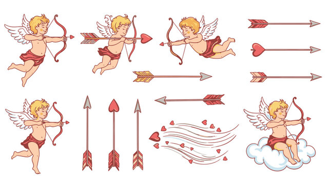 Cute cherubs shooting arrows with hearts and clouds baby angel