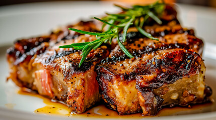 A close-up of a grilled steak with a sprig of rosemary on top served on a white plate with a sauce