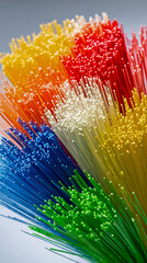 A colorful array of thin white-tipped wires