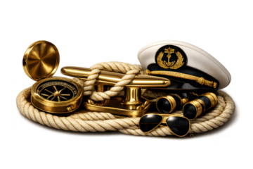 Nautical gear, rope, and gold accessories, transparent background art